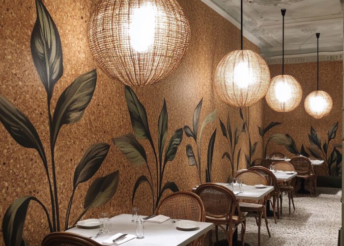cork wallcovering with leaves at the back of a restaurant --chaos 35 --stylize 300 --weird 1000 --v 6.1 Job ID: 1ddd077c-494d-46e5-adcb-aa1a27ba4734